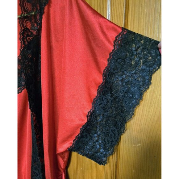 VTG Avon Style Night Gown Robe Set 2 Pc Red Black Silky Lace Lingerie Sz Small - Picture 8 of 11